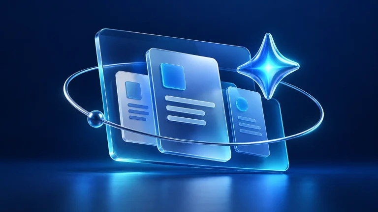 Tài liệu và biểu tượng AI trong không gian làm việc số.
